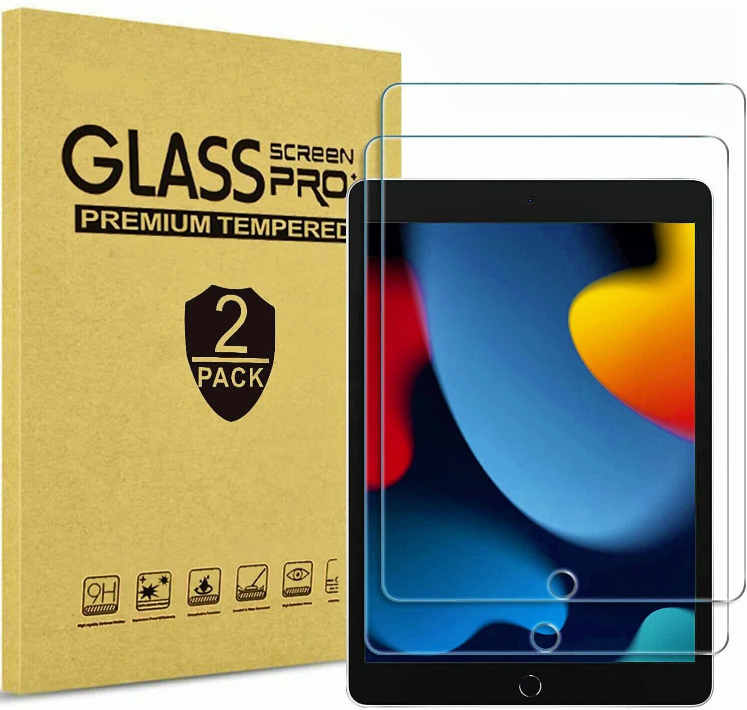 [2-Pack Screen Protector] for iPad 10.2 9th / 8th / 7th Generation 2021/2020/2019, [9H Hardness ],Tempered Glass Screen Protector for iPad 7 / iPad 8 / iPad 9 -Clear.