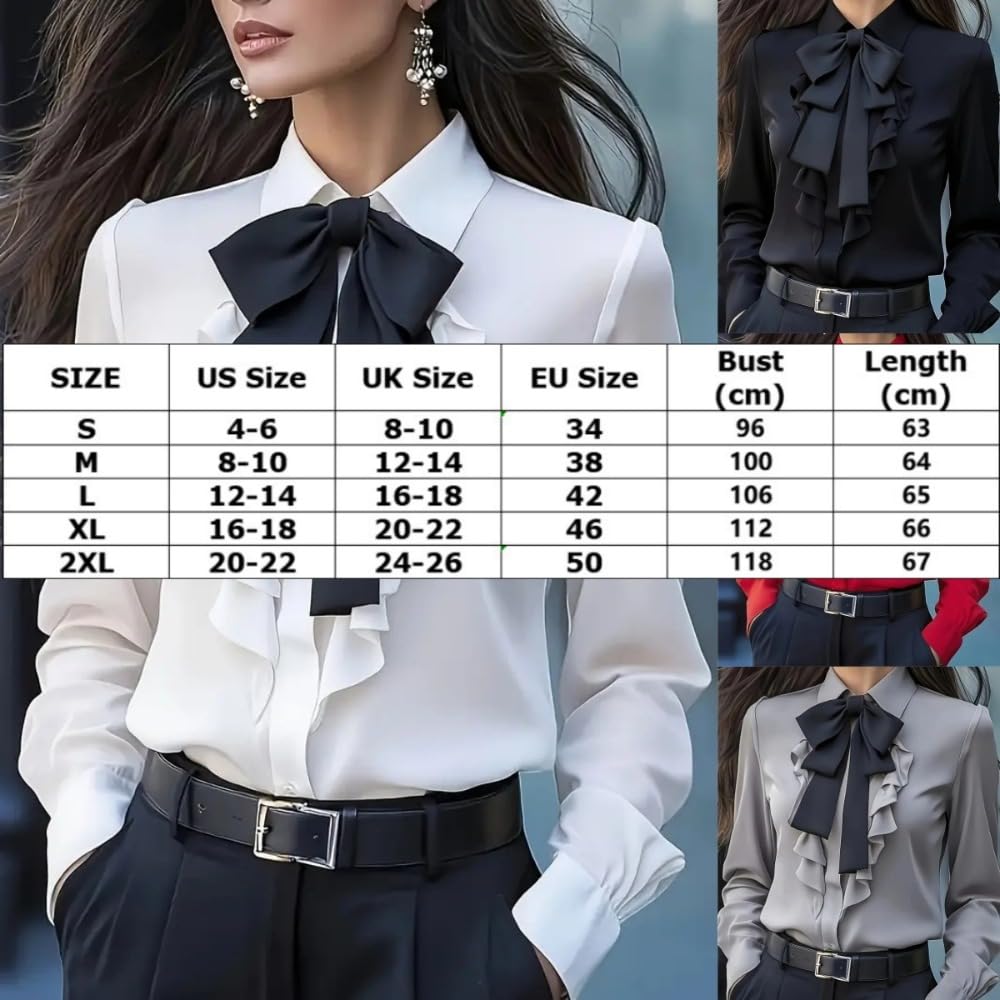Camicette da donna con fiocco, stile vintage, a maniche lunghe, con volant, casual, da smoking, da lavoro