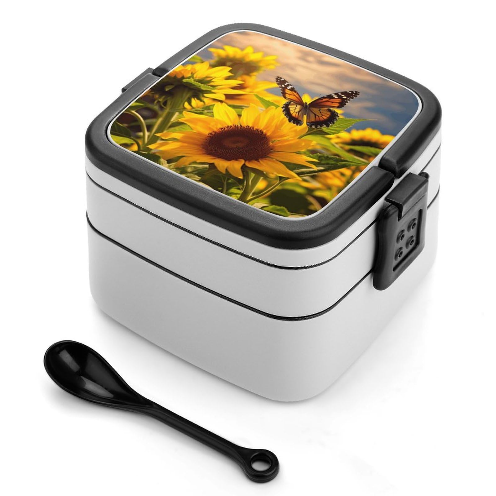 VstaDank Sunflower Butterfly Bento Box Portable Adult Lunch Box with 2 Layer&Spoon Reusable Insulated Lunchbox Large Food Containers Leak Proof Lunch Containers for Work Camping Meal Prep
