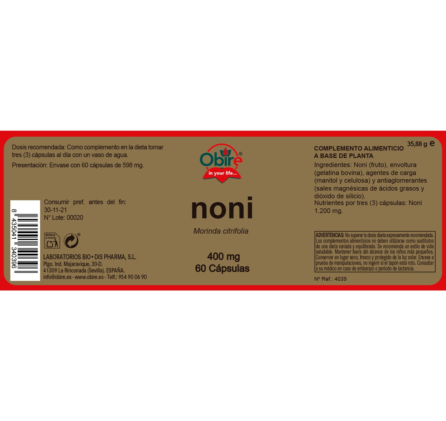 Obire | Noni 400 mg | 60 Cápsulas | Complemento Alimenticio a Base de Planta Natural con Celulosa Microcristalina, Estearato Magnésico Vegetal, Manitol, Dioxido de Silicio y Gelatina | Pack 3 unidades