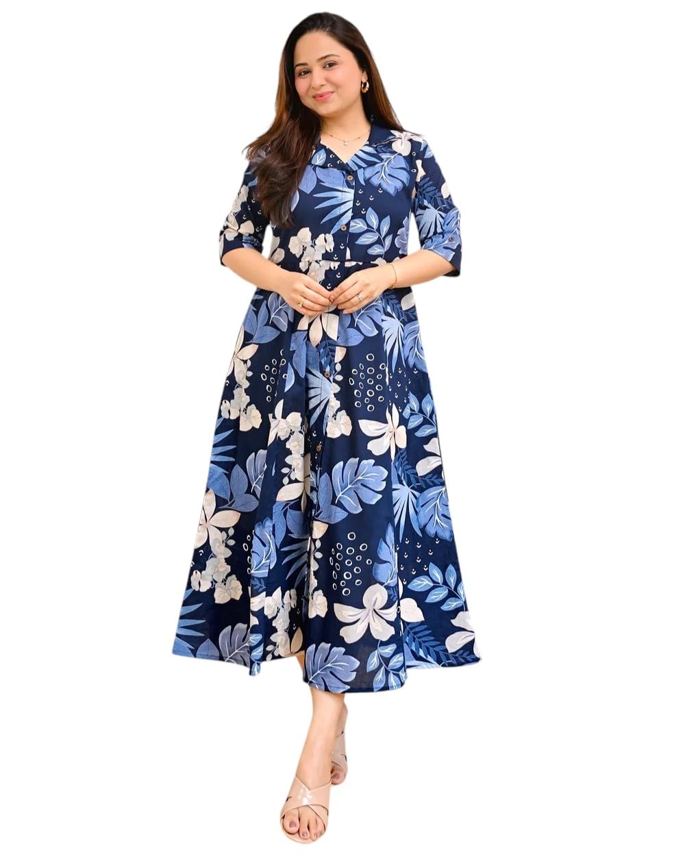 himaira Women's Rayon Floral Printed A-Line Maxi Dress | Shirt Collar | Front Button Design | 3/4 Sleeves | Casual, Office Long Dress-picture-14