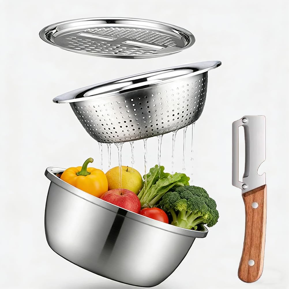 Germany Multifunctional Stainless Steel Basin,Stainless Steel Shredding & Drainage Chopping Basin,3 In 1 Multipurpose Drain Basket Grater Basin Bowl,for Vegetables (10.24IN)