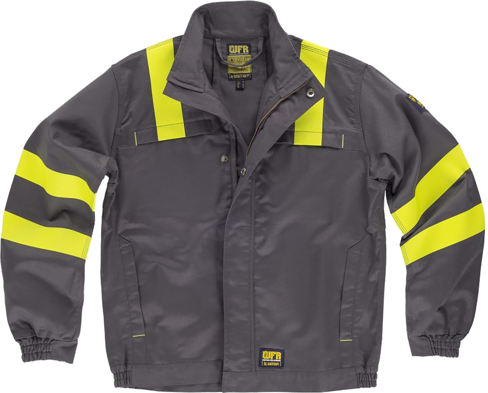 WORKTEAM B1196 Cazadora Ignífuga, Antiestática con protección para Soldadura y Arco Eléctrico, Visibilidad Realzada, Cintas Fluorescentes Amarillas y Triple Costura. Unisex Gris+​Amarillo A.​V. L