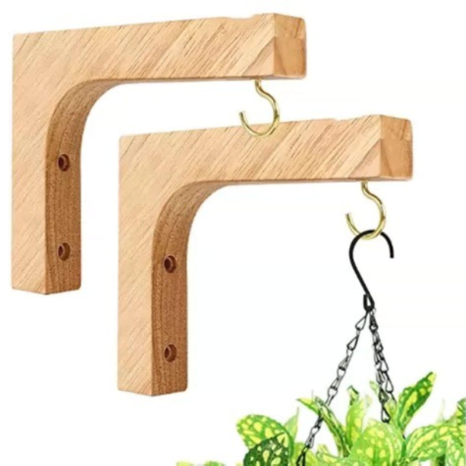 Lot De 2 Crochets Muraux Bois Pour Plantes - Suspensions Fleurs Lanterne Support Planteur - 23,3x22 Cm Avec Vis