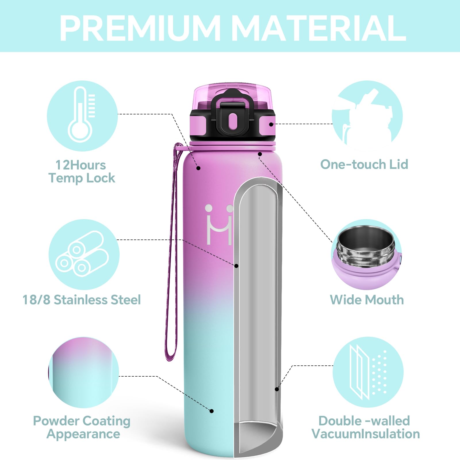 Borracce Termiche 1 litro - Bottiglia Termica Senza Perdite - Borracce Termiche Con Cannuccia - Mantiene Caldo per 12 Ore/Freddo 24 Ore, Borracce per Fitness, Trekking, Campeggio, Yoga， Palestra - 3