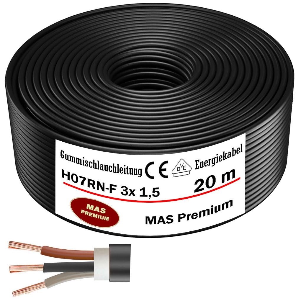 MAS Premium H07RN-F - Cable de manguera de goma flexible para dispositivos pesados (H07RN-F 3 x 1,5 mm², 20 m)