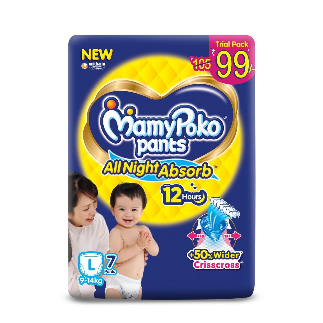 MamyPoko Pants All Night Absorb Baby Diapers, Large (L), 7 Count 9-14 kg