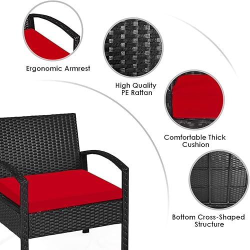 Miniatura 6 de HAPPYGRILL Juego de 3 piezas de conversación para patio, juego de mimbre de ratán al aire libre con mesa de centro para jardín, balcón y patio