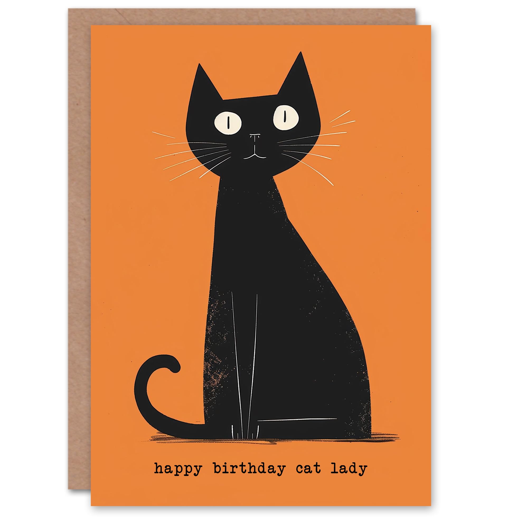 Artery8 Birthday Card Cat Lover Lady Mid Century Modern Black Pet Orange For Her Gran Sister Niece Daughter Wife Woman Greeting Card