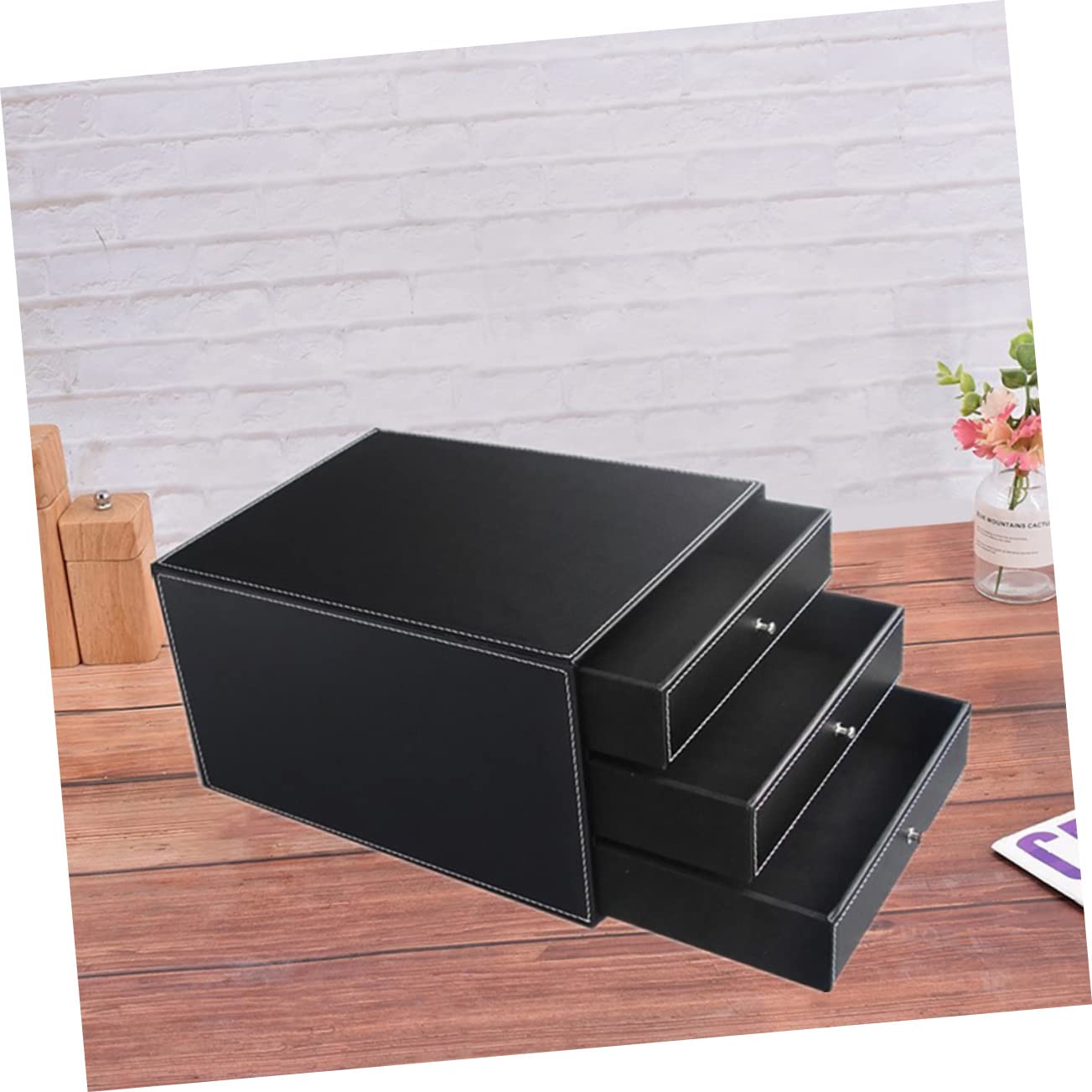 Caja de Archivos de Escritorio de Cuero Negro de Tres Capas | 1 Pieza, Madera y Pu, Fácil de Tomar, para Documentos y Objetos Pequeños, Dormitorio o Sala