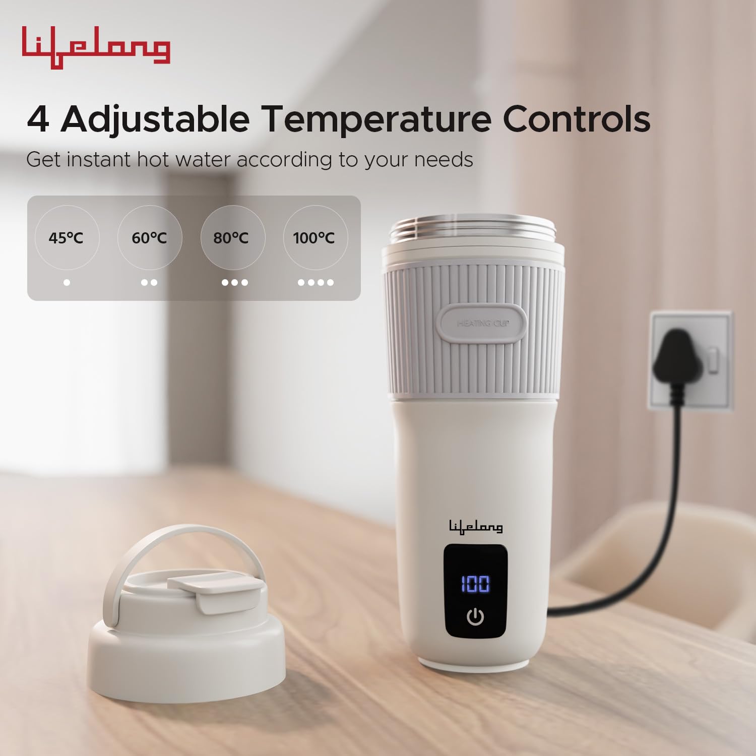 Lifelong 2 in1 Portable Electric Kettle & Bottle for Travel 400ml |Wide Voltage-for Homes(220v) & Indian Trains(110v)| Quick Boil |4 Temp |Digital Touch Ctrl |Cool Touch |Make Tea/Coffee Without Milk 1