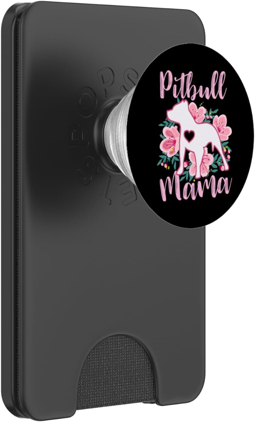 Pitbull Mama Pink Flowers Black background Cute Dog Mom PopSockets PopWallet for MagSafe