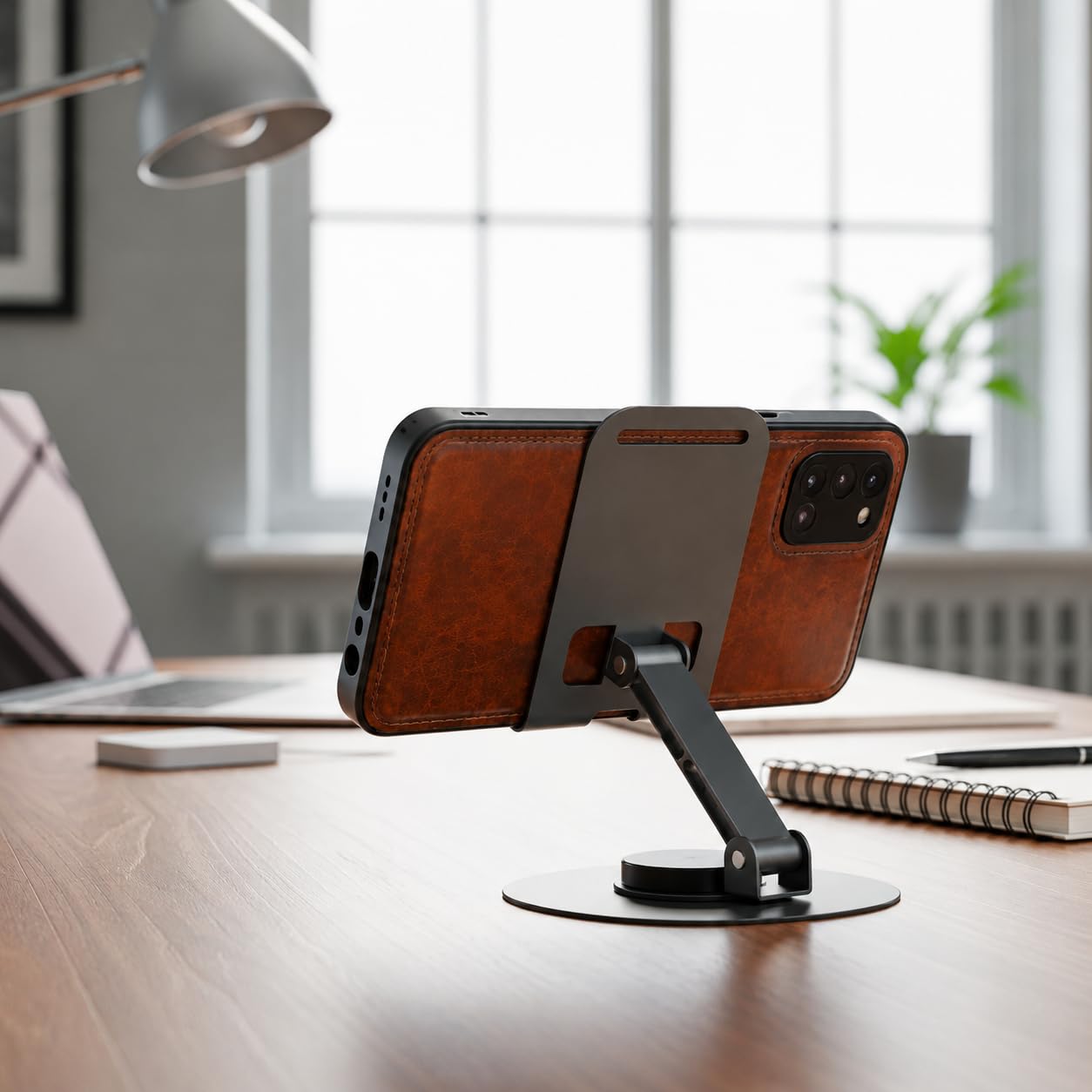 Adjustable Mobile Phone Stand for Desk | 360 Rotation | Foldable Metal Tablet Holder | Anti-Slip Desktop Stand Compatible with Smartphones & Tablets | Black-image-7