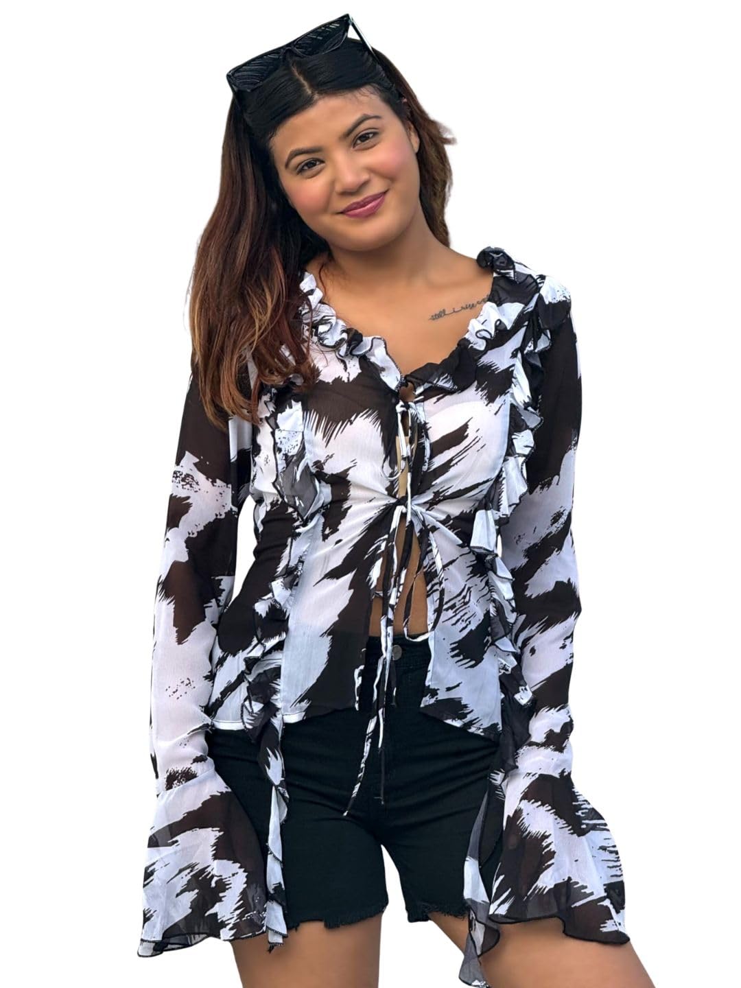 tandul Women's Printed Multicolor Georgette Top Regular Fit Flared Sleeves Top for Womens Soft & Breathable & Comfortable Outfits for Office, Casual, Festive & Party (11287)-picture-17