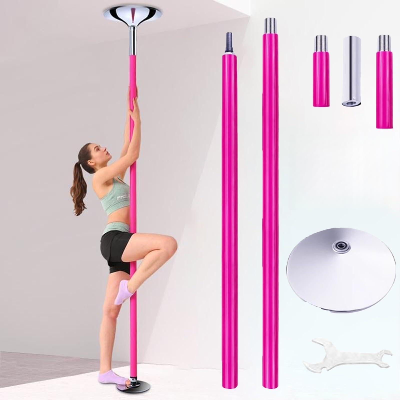 Palo Pole Dance da Casa Palo da Ballo Rotante da 45 mm e Palo di Prolunga, Rosa Palo a Strisce con Ordito in Silicone e Piastra Fissa, 2.3-2.75 m((2.3-2.75m/7.5-9ft) pole Set)
