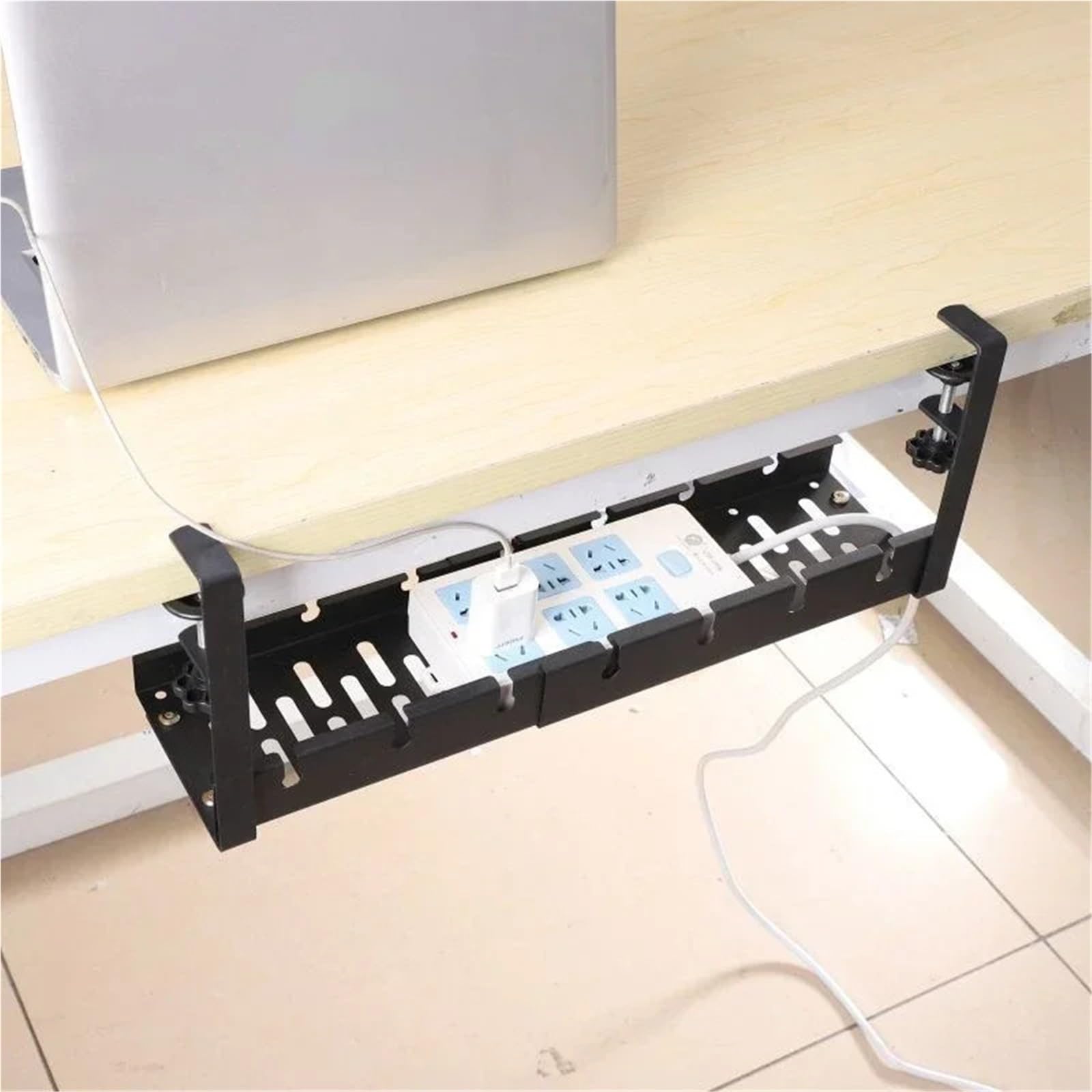 Bandeja Portacables Bajo La Mesa Bandeja de Cables de Metal Extensible Debajo del Escritorio, sin perforación, con Abrazadera, Soporte de Cable de regleta retráctil para Cables(Black)