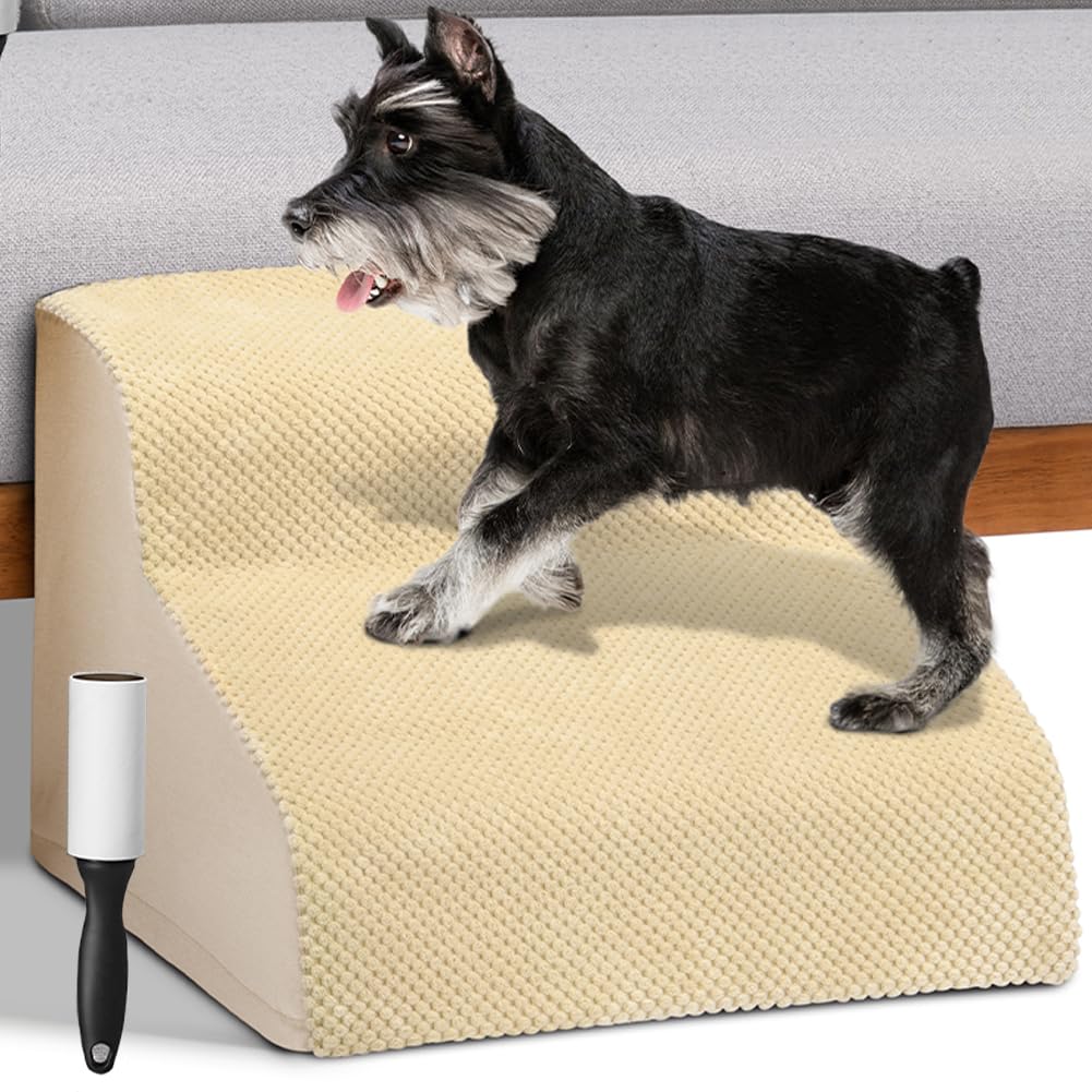 BAKAJI Escalera para Mascotas con 2 peldaños y Rodillos, Revestimiento extraíble de Tejido Acanalado, rampa para Gatos y Perros Mayores, Escalera Acolchada de Espuma de Alta Densidad (Beige)