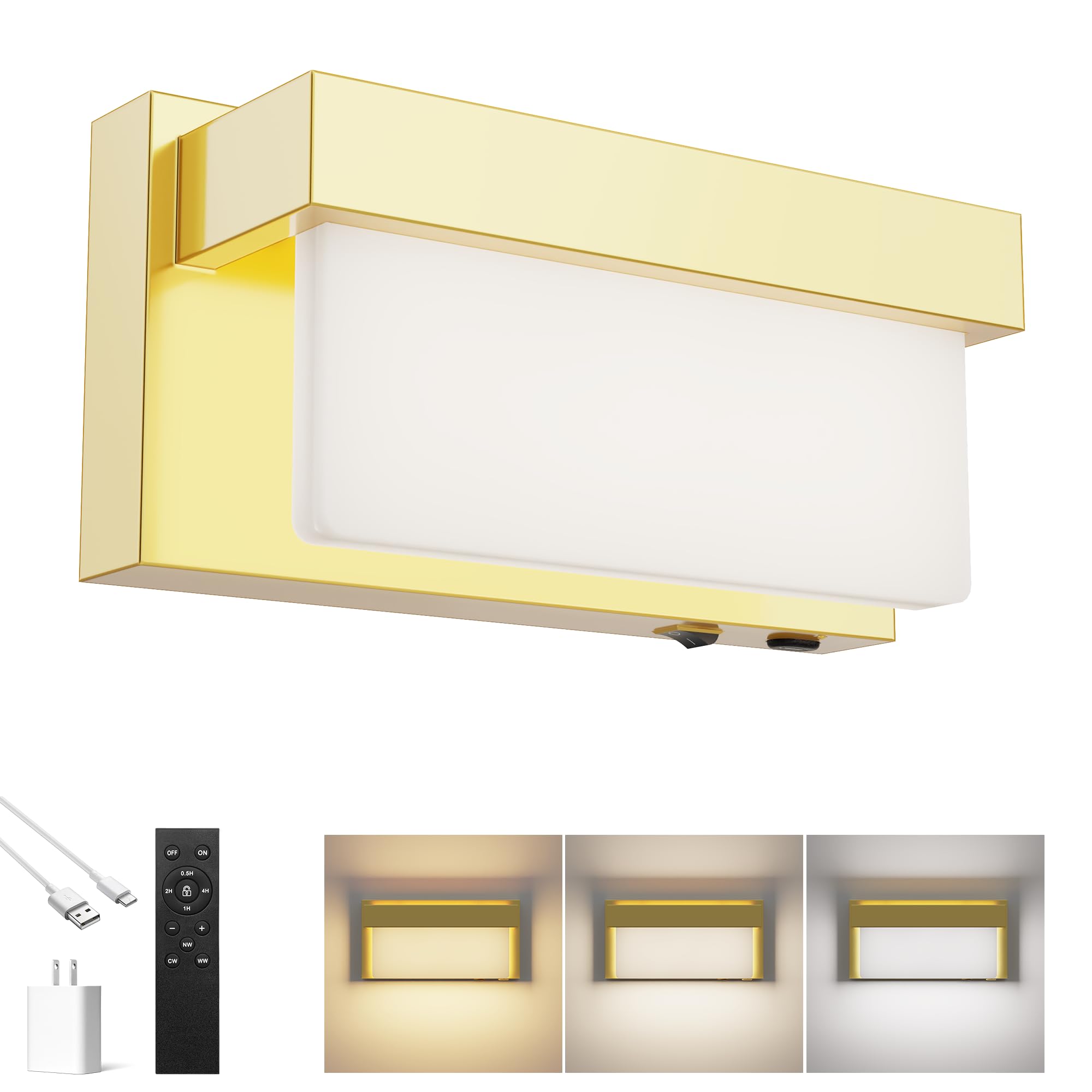 Battery Wall Sconce Gold Wall Light with On/Off Switch 8 inch LED Wall Lamp Acrylic Lampshade 3CCT Sconce Wall Lighting