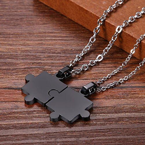 Cupimatch 2 Pieces Black Stainless Steel Puzzle Matching Pendant Couple Necklace Set with 18" & 22" Chain