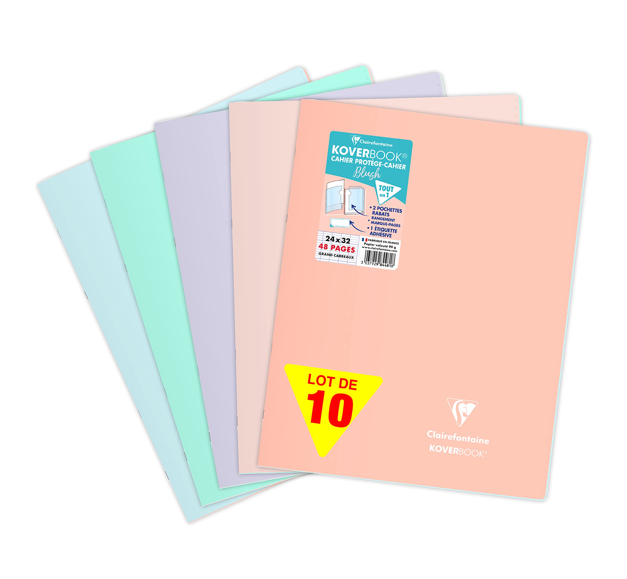 Clairefontaine 984481C Un Lot de 10 Cahiers Agrafés Koverbook Blush - 24x32 cm - 48 Pages Grands Carreaux - Papier Blanc 90 g - Couverture Polypro Couleurs Aléatoires