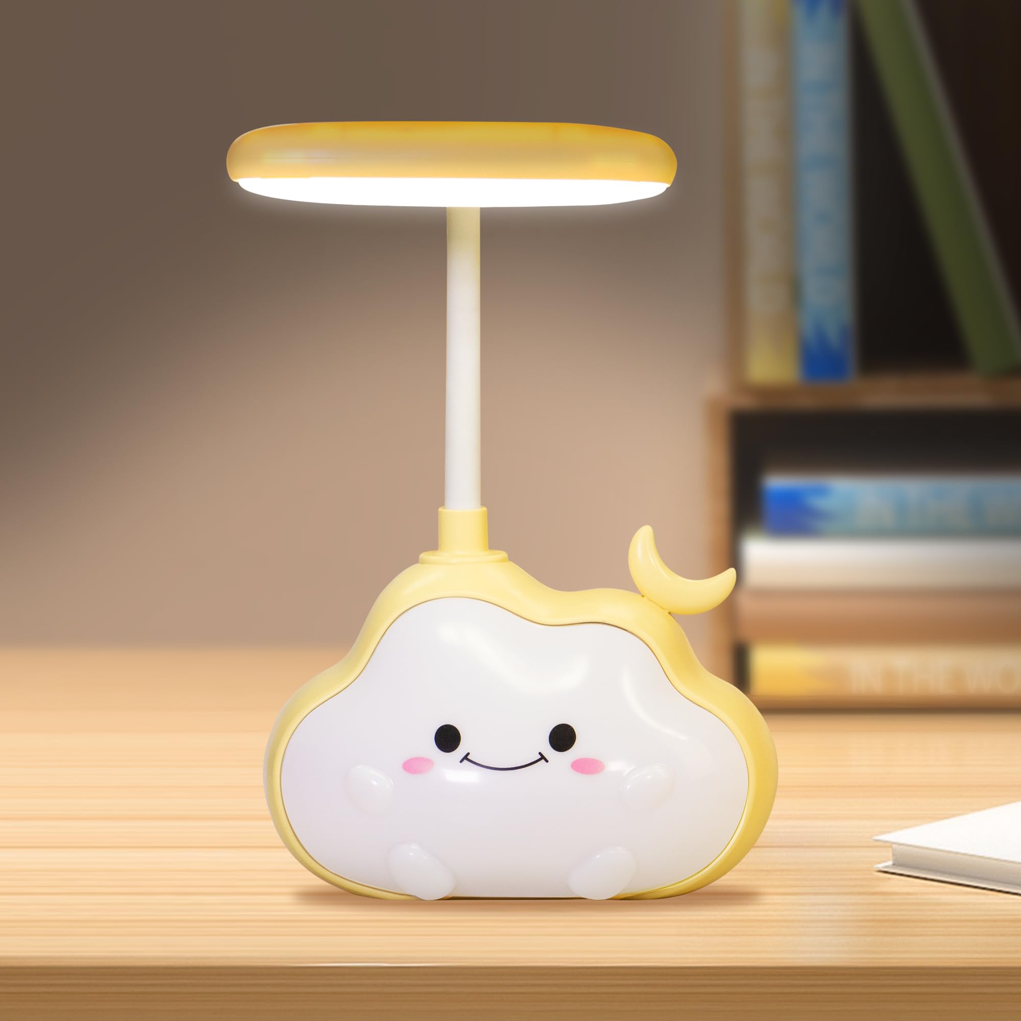 Wetry LED Wolken Nachtlicht, Schreibtischlampe für Kinderzimmer, USB Aufladbar Nachtlampe, Farbwechselnd Stimmungslicht, mit Flexiblem Arm (Gelb Mond)