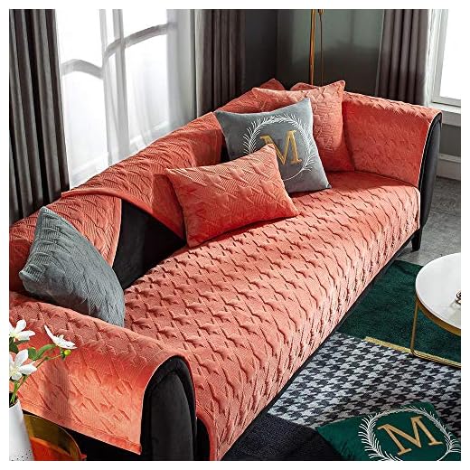Halkskydd soffskydd, soffskydd fyra säsonger universal, husdjurshund sofföverdrag för 1 2 3 4 soffa, möbelskydd, hundtandsmönster Crystal Velvet Pad-Orange_110 × 110 cm