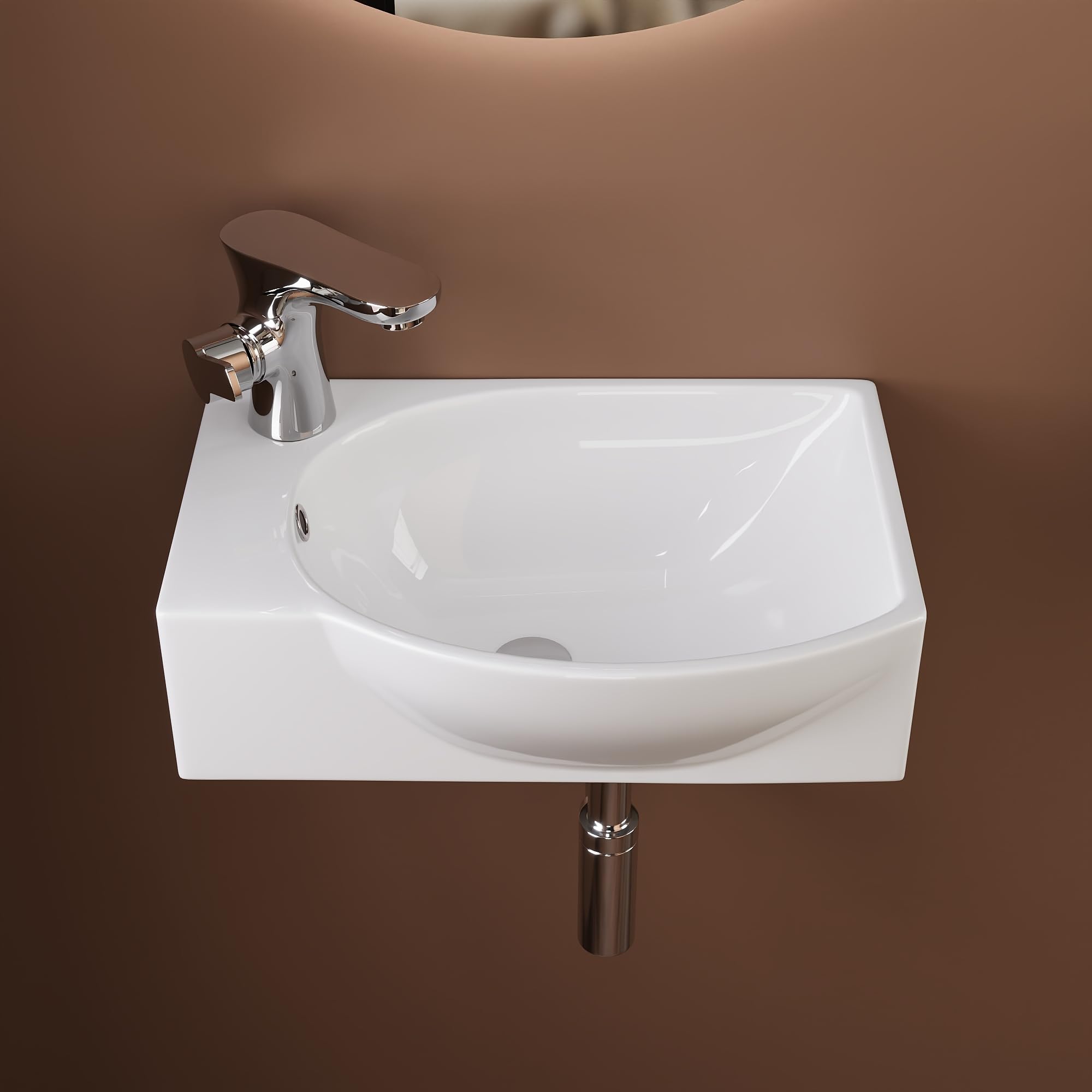 Lavabo mural DeerValley 305×240 mm, vasque rectangulaire en céramique blanche, cuve à gauche avec trou de robinet à droite, idéal pour les petites salles de bain