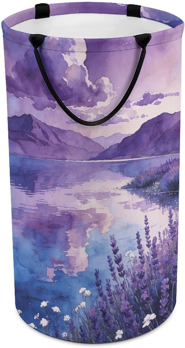 Purple Serenity Laundry Hamper with Handles Waterproof Collapsible Laundry Basket Large Lightweight Round Dirty Clothes Hamper for Home Dorm Bathroom Decor