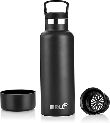 Botella de agua de acero inoxidable de doble pared aislada al vacío de 16 onzas con pajilla, botella de agua de metal reutilizable para niños (negro)