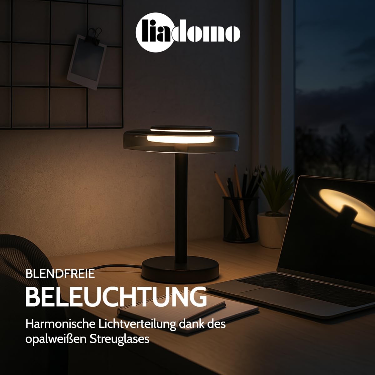 Tischleuchte Volos, Tischlampe Glas LED Wohnzimmer, Schlafzimmer | moderne Nachttischlampe, Schreibtischlampe, Schwarz, Ø 22 cm, Design Dekolampe, mit Kabel, Metallfuß, 30 cm Höhe, Warmweiß