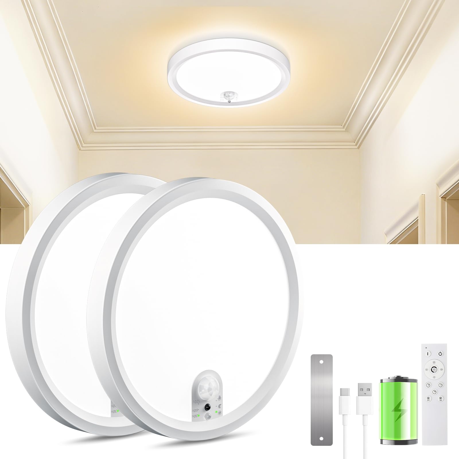 Akku Deckenlampe mit Bewegungsmelder und Magnet,Kabellos LED Deckenleuchte