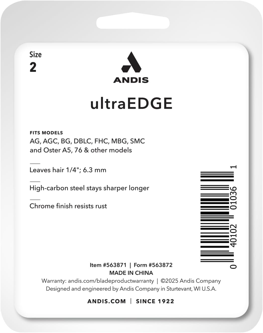 Andis 563871 Ultra Edge Detachable 6.3mm Clipper Blade - Built with Carbonized Steel, Close-Cutting Technology with Long Life Sharp Blades - Size 2, Chrome