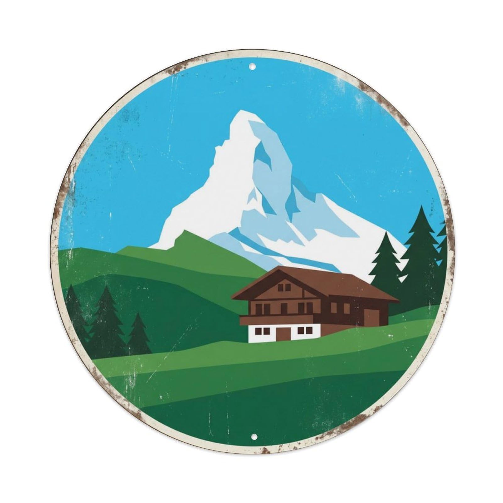 Matterhorn Majestic Lodge Travel 2 Metal Tin Sign Plaque Wall Decor for Cafe, Club Bar, Office, Home Garden Round Metal Poster 8x8Inch