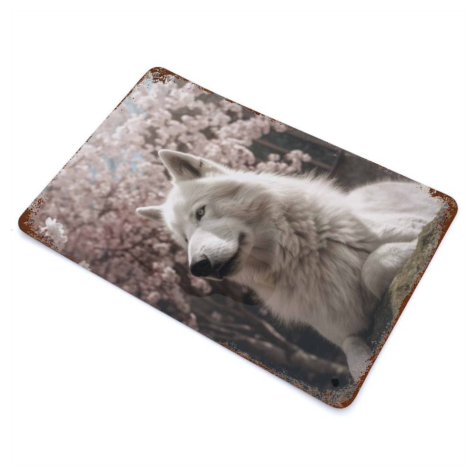 White Wolf Cherry Blossom 11.8"x7.9" Retro Metal Sign, Industrial Home Decor for Office, Studio And Wall Decor