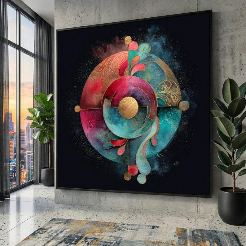 Art mural géométrique doré pour salon moderne avec la toile circulaire 45x45