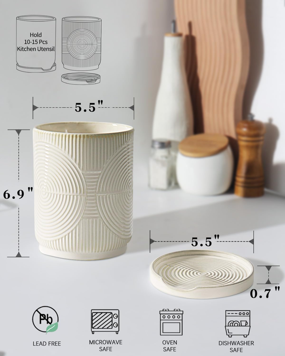 Utensil Holder, 7.2" Kitchen Utensil Holder for Counter, 2-in-1 Ceramic Cooking Utensils Holders with Spoon Rest, Utensil Crock for Spatula, Ideal Housewarming Gift (Beige)