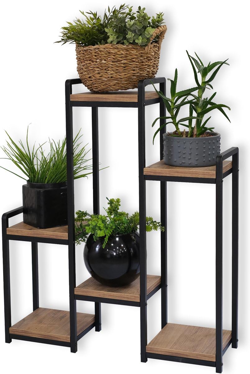 Rechteckig Plantentisch aus Metall & Holz – Rechteckiger Blumenständer für Innen & Außen – Pflanzentisch & Pflanzenhalter – Garten- & Wohn-Dekoration – Modernes Design – Schwarz