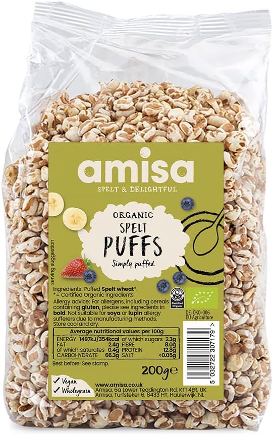 โ Organic Spelt Puffs, 200g - Light & Crunchy Texture - High in Fibre & Vegan-Friendly Cereal