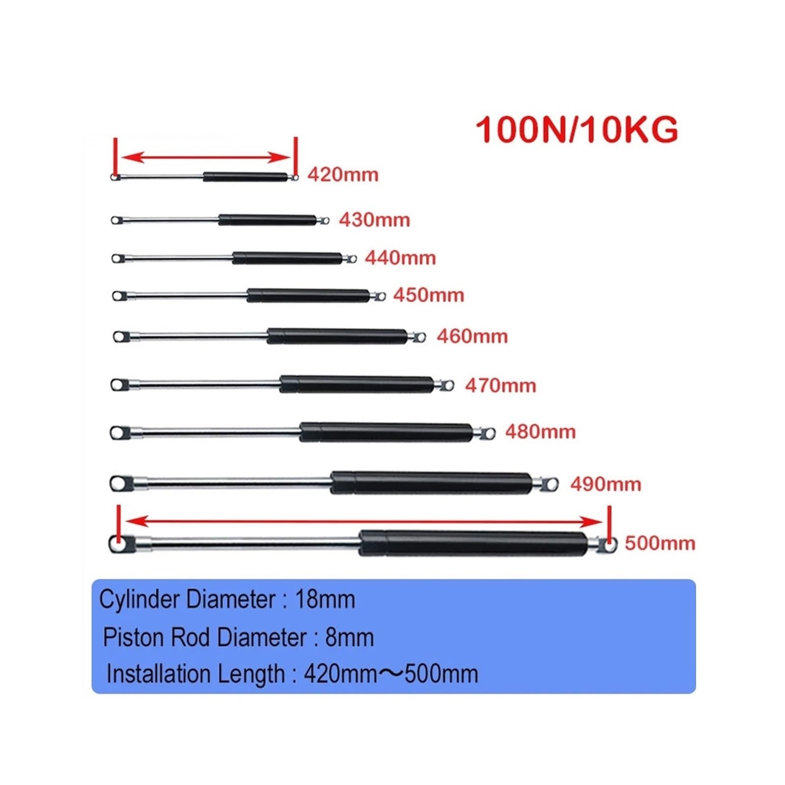 Barras de puntal, amortiguador, soporte elevación hidráulica, 420mm-500mm, 100N/10KG