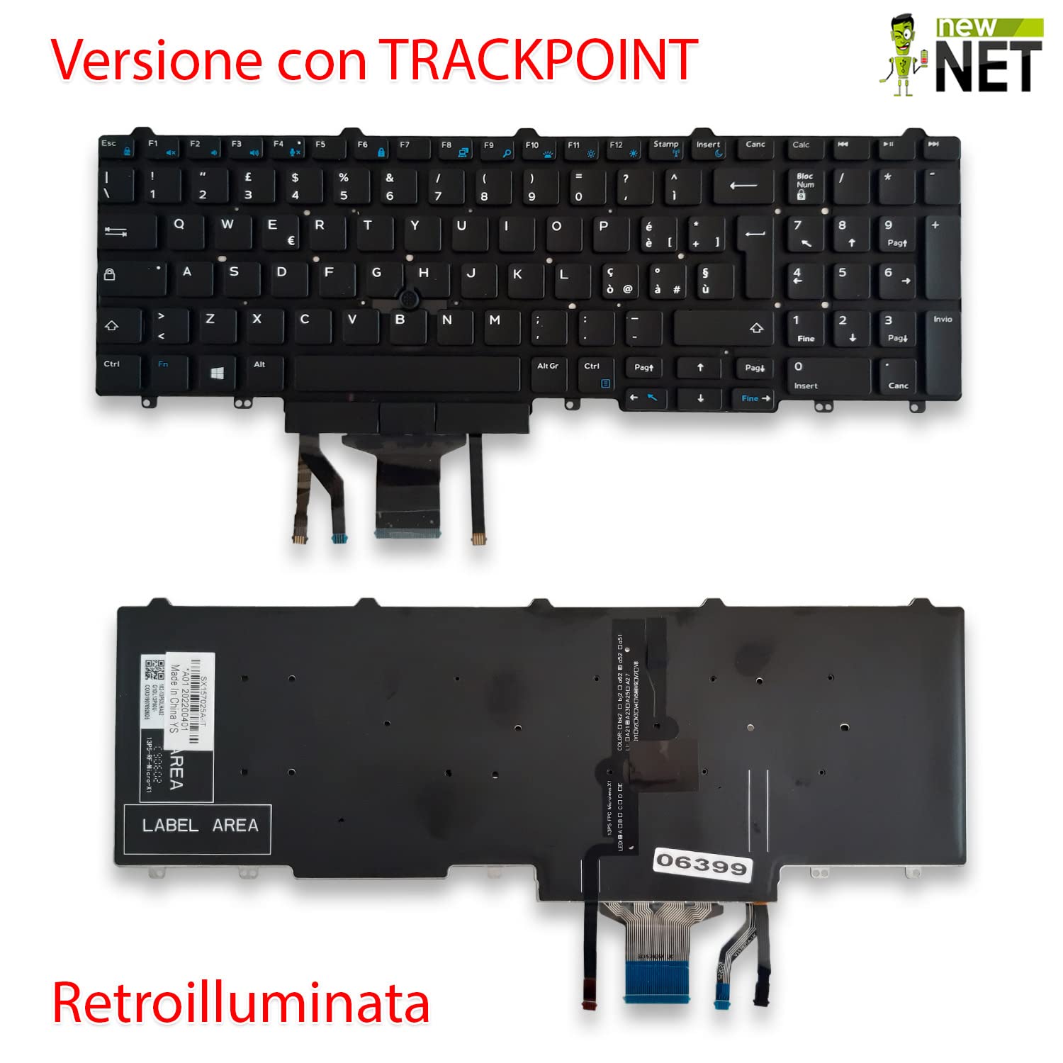 new net - Tastiera Compatibile con Notebook dell Precision 3510, 3520, 3530, 7510, 7520, 7710, 7720 [Senza Frame - Colore Tasti Nero - Trackpoint - Retroilluminata - Layout ITA]