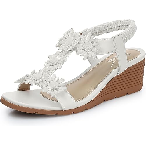SHIBEVER Womens Sandals Wedge Flower: Open Toe Elastic Ankle Strap Wedge Sandal - Dressy Sandals Women - Comfortable Summer Bohemia
