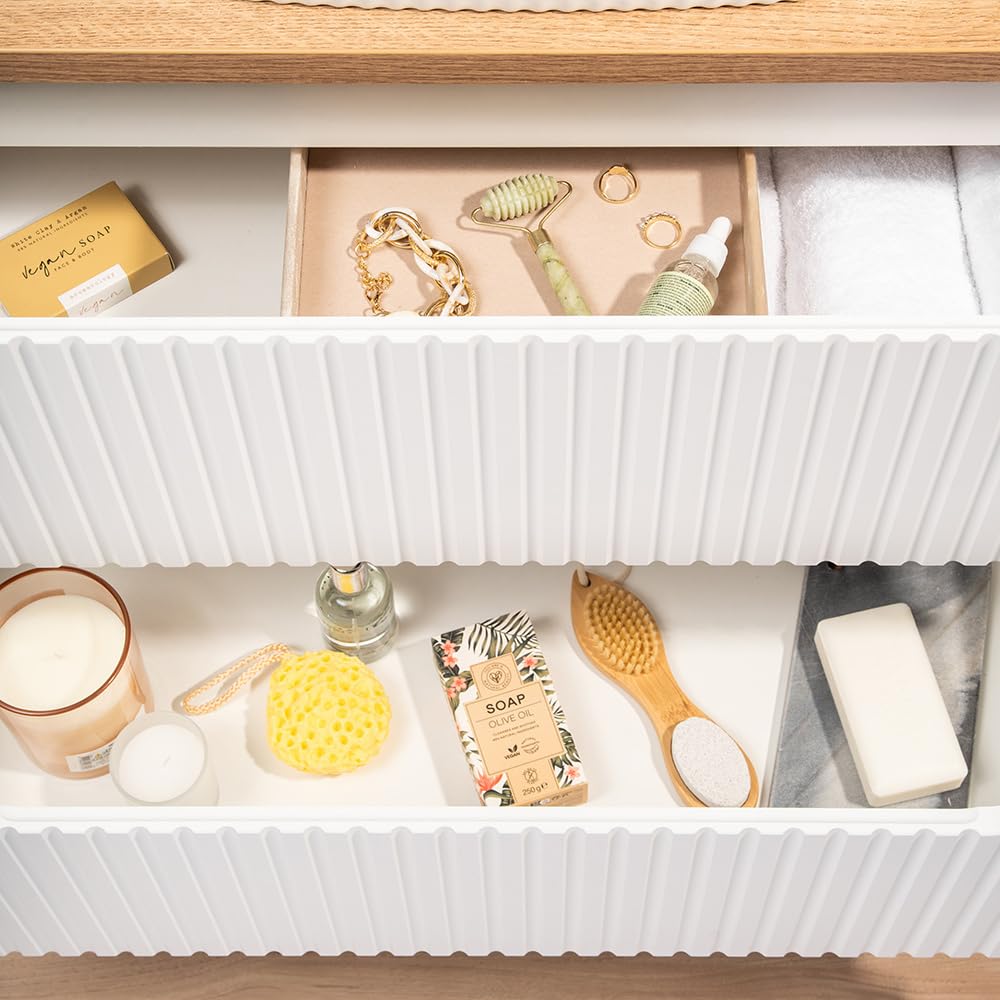 Lomadox Badezimmer Badmöbel Set 3-teilig mit 80cm Waschtisch, weiß und Eiche mit gerillter Front | inkl. LED-Spiegel, Keramikwaschbecken, Hochschrank