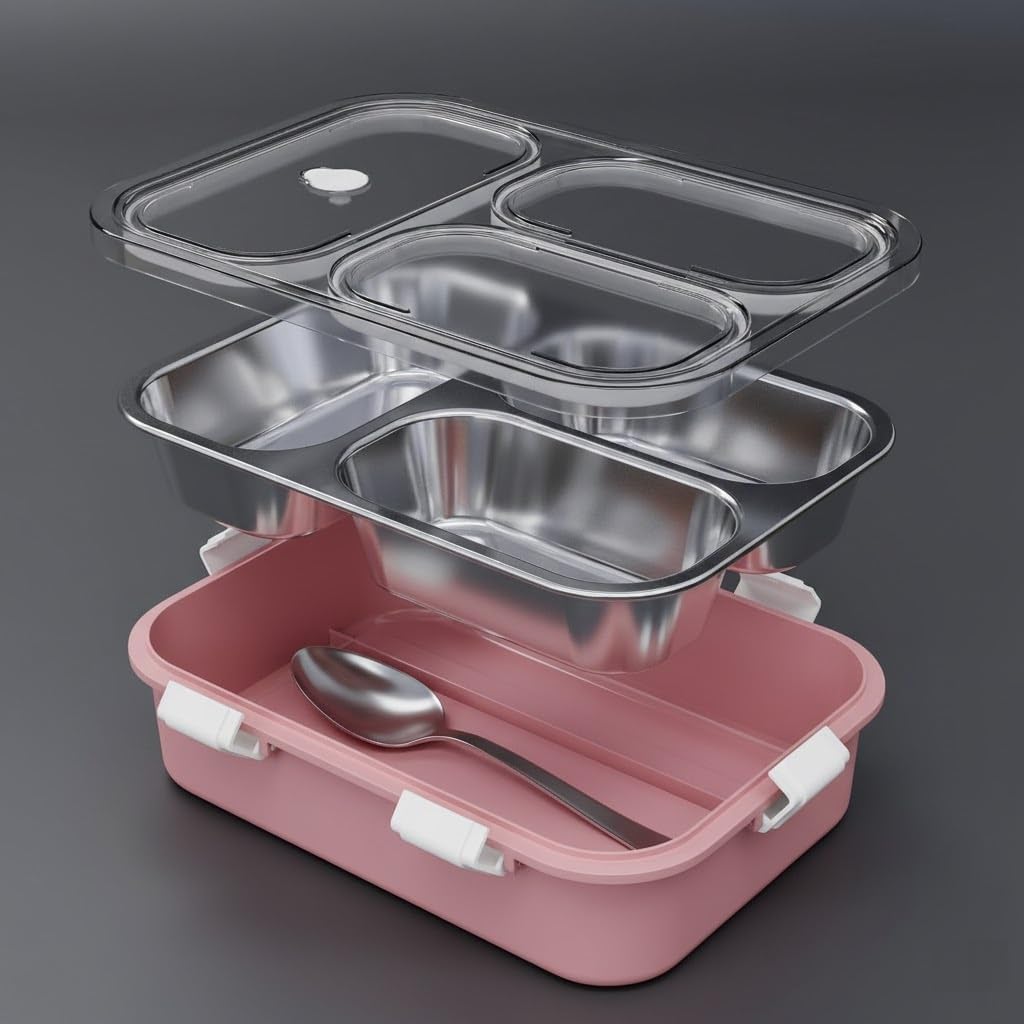 Stainless Steel Lunch Box - 3 Compartment Leakproof -4