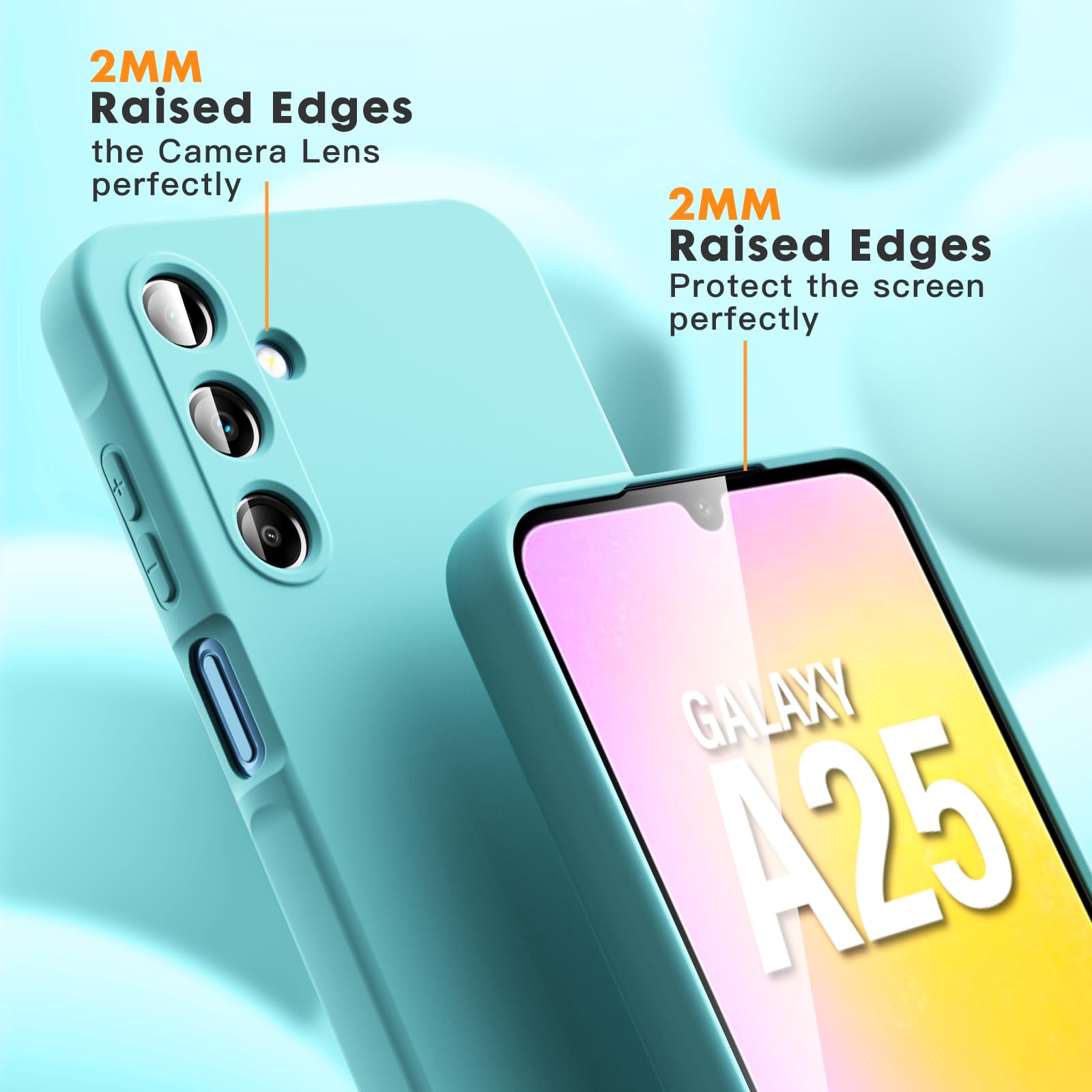 Vansdon Cover Compatibile con Samsung Galaxy A25 5G, 2 Pellicola Protettiva in Vetro Temperato, Gomma Gel di Silicone Liquida Antiurto Custodia - Azzurro
