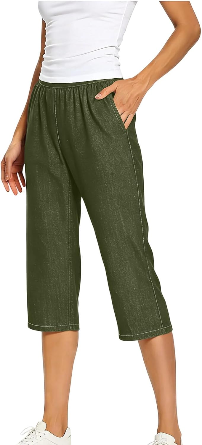 LRMQS Capri Jeans for Women Stretch Casual Elastic Waist Wide Straight Leg Plus Size Pull on Denim Capris Loose Summer Pants - Image 2