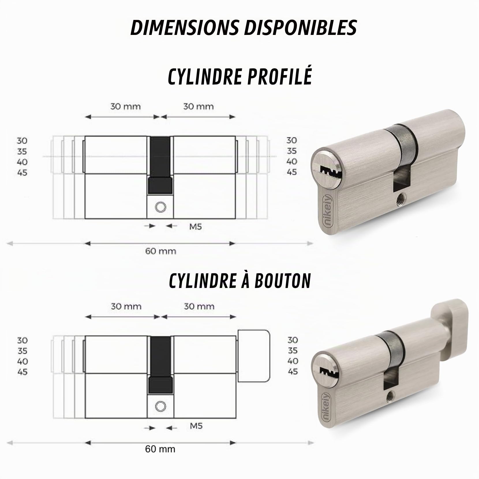 Lot de 2 Cylindres de Serrure en Laiton 30/30 mm avec Bouton, Vis et Clés incluses, Montage facile pour Portes et Garages, Clé unique, Longueur 60 mm
