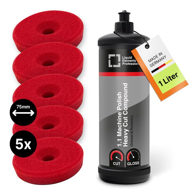 Liquid Elements Autopolitur Heavy Cut Compound 1L, inkl. 75mm Pad | Polierpaste für Autolacke, Lackaufbereitung Komplettset, Centriforce V2 Polierschwamm, ideal für alle Poliermaschinen