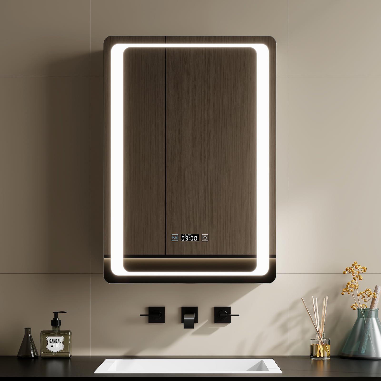 Warmiehomy Bathroom Mirror Cabinet with Lights,50x70cm Time Display 3-color Dimmable LED Illuminated Bathroom Mirror Cabinets with Shaver Socker Defogger Touch Switch One Door,White Frame — image 1