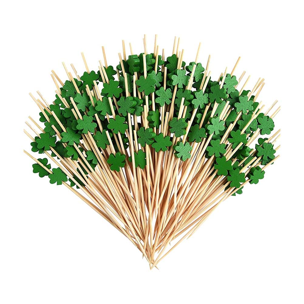 Labstandard Cocktail Sticks 100 Counts St. Patrick's Day Shamrock Picks Cocktail Sticks for Luck Party Wooden Toothpicks Cocktail Stirrers for Cocktail Food Fruits Sandwich Decorations (Clover)