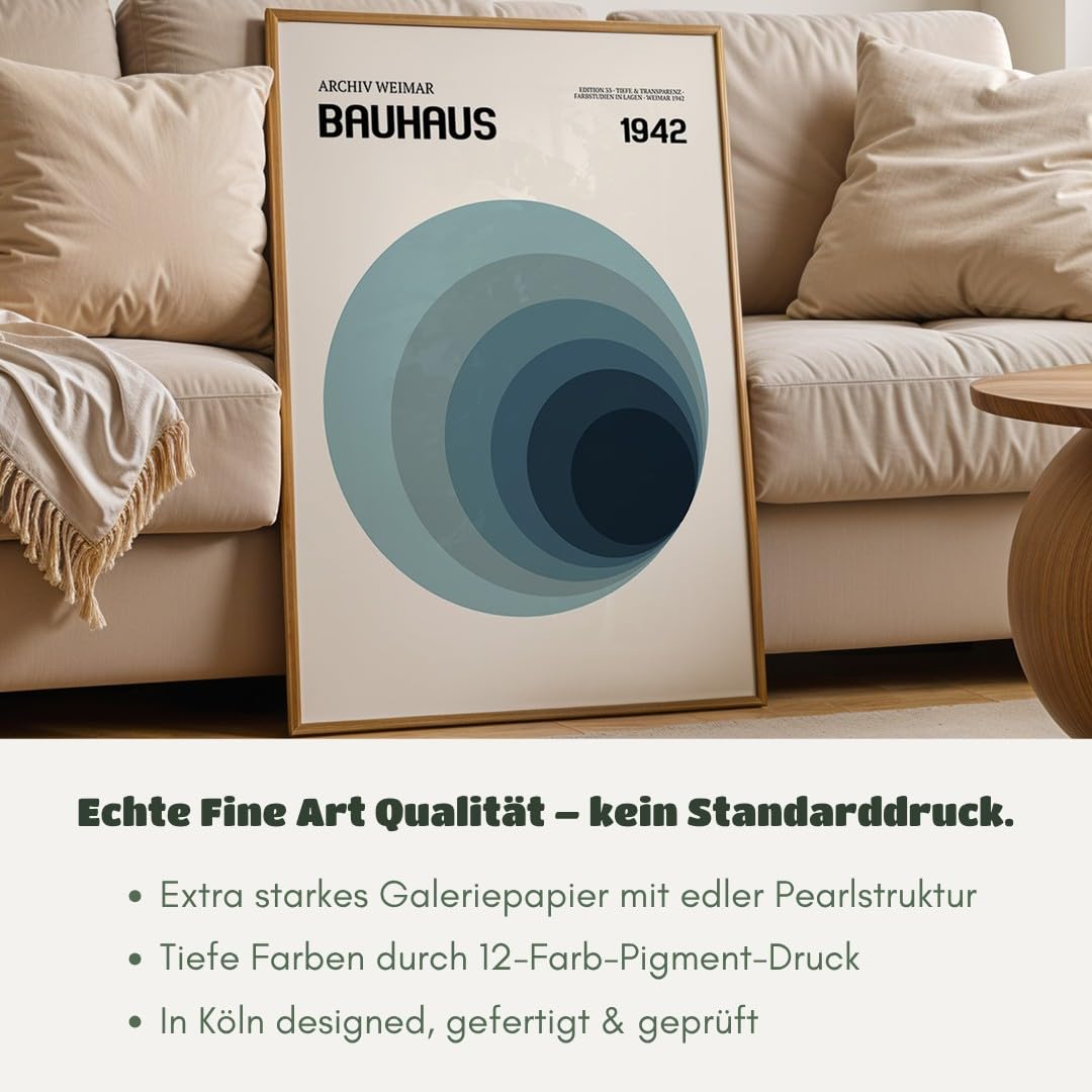 MJ-GRAPHICS® Poster Bauhaus Kunstdruck abstrakt Wandbild Weimar Farben Deko minimalistisch Wohnzimmer Kunstskulptur Retro geometrisch Blau Grau Flur Design A2 mit braunem Rahmen